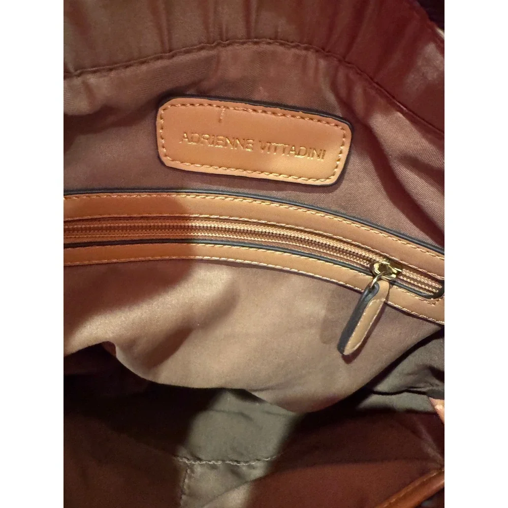 Adrienne Vittadini Green Faux Leather Bucket Backpack Bag with Tan Accents vegan